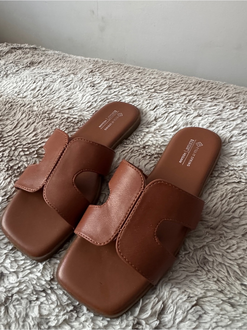 Call It Spring Women's Brown Leather-Look Slide Mules